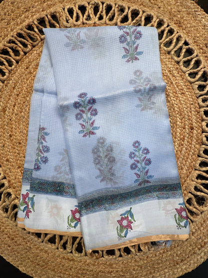Pastel Blue Hand Block-Print Pure Kota Doria Silk Saree