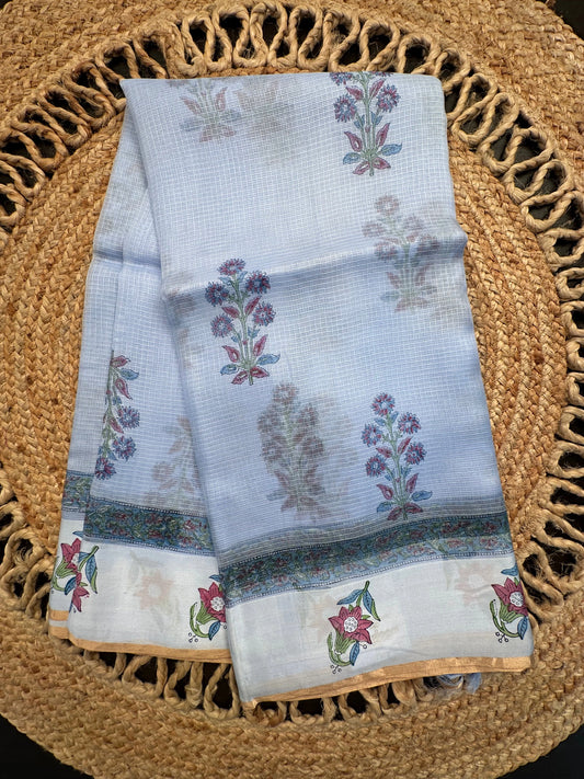 Pastel Blue Hand Block-Print Pure Kota Doria Silk Saree