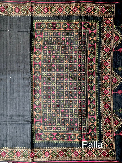 Black Pure Tussar Silk Saree With Embroidery