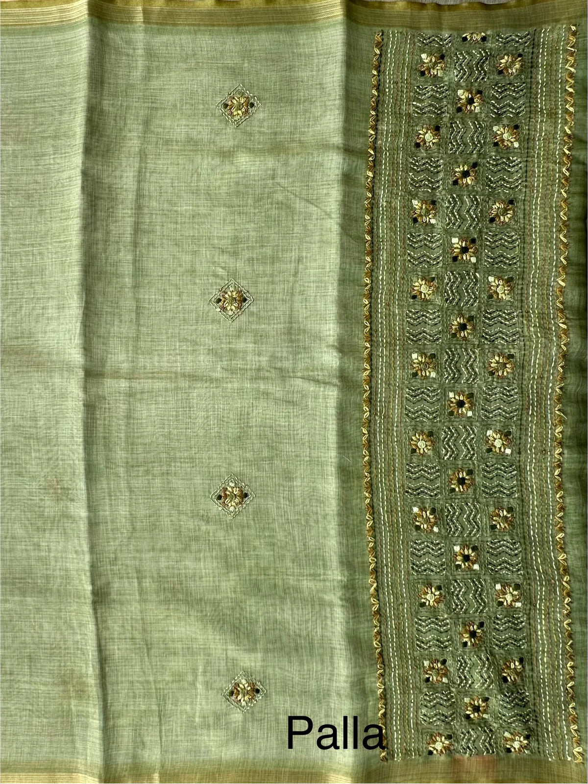 Green Blended Cotton Saree with Hand Embroidery