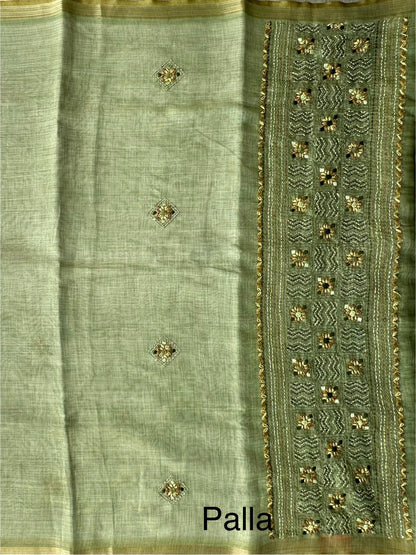 Green Blended Cotton Saree with Hand Embroidery