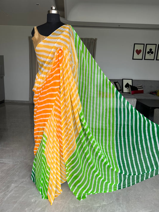 Yellow-Green Leheriya Pure Georgette Saree