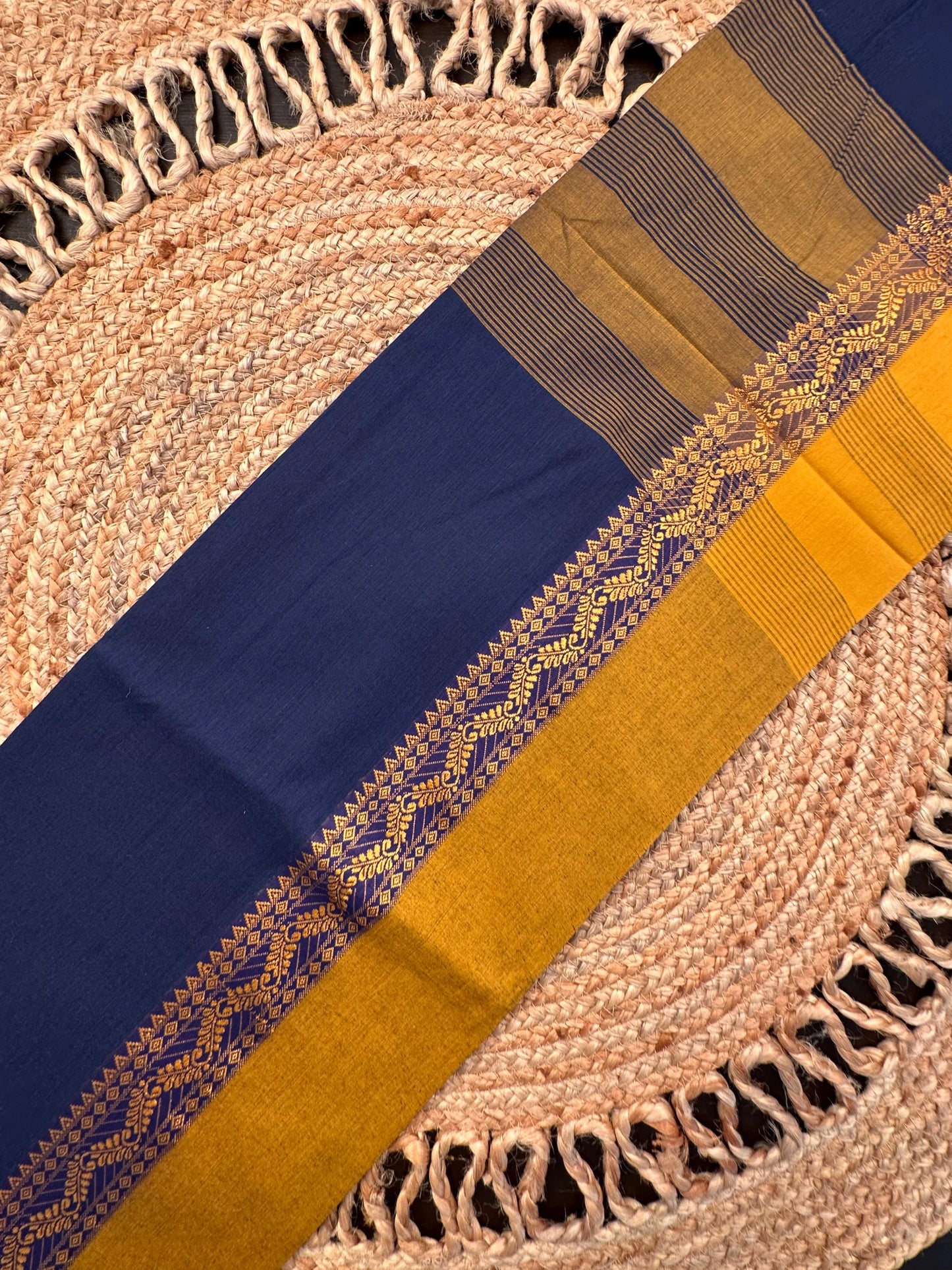 Navy Blue-Mustard Piku Bengal Cotton Saree