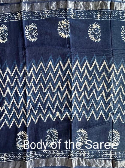 Indigo Hand Block Print Linen Saree