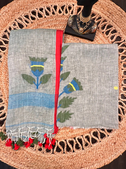 Gray Linen Dhakai 2 Piece Kurta Dupatta Unstitched Set