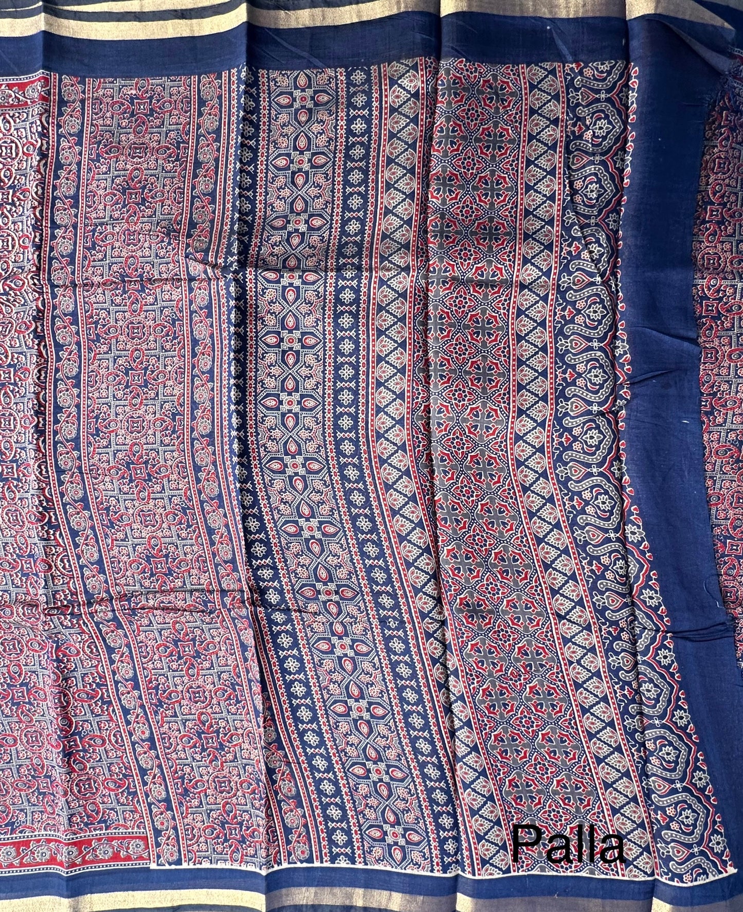 Navy Blue Ajrakh Print Cotton Blend Saree