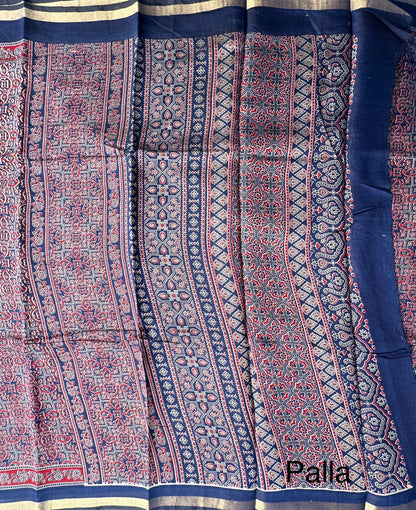 Navy Blue Ajrakh Print Cotton Blend Saree