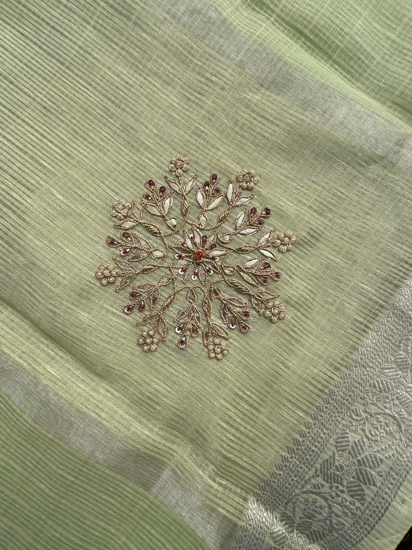 Pista Green Fancy Cotton Saree With Hand Work