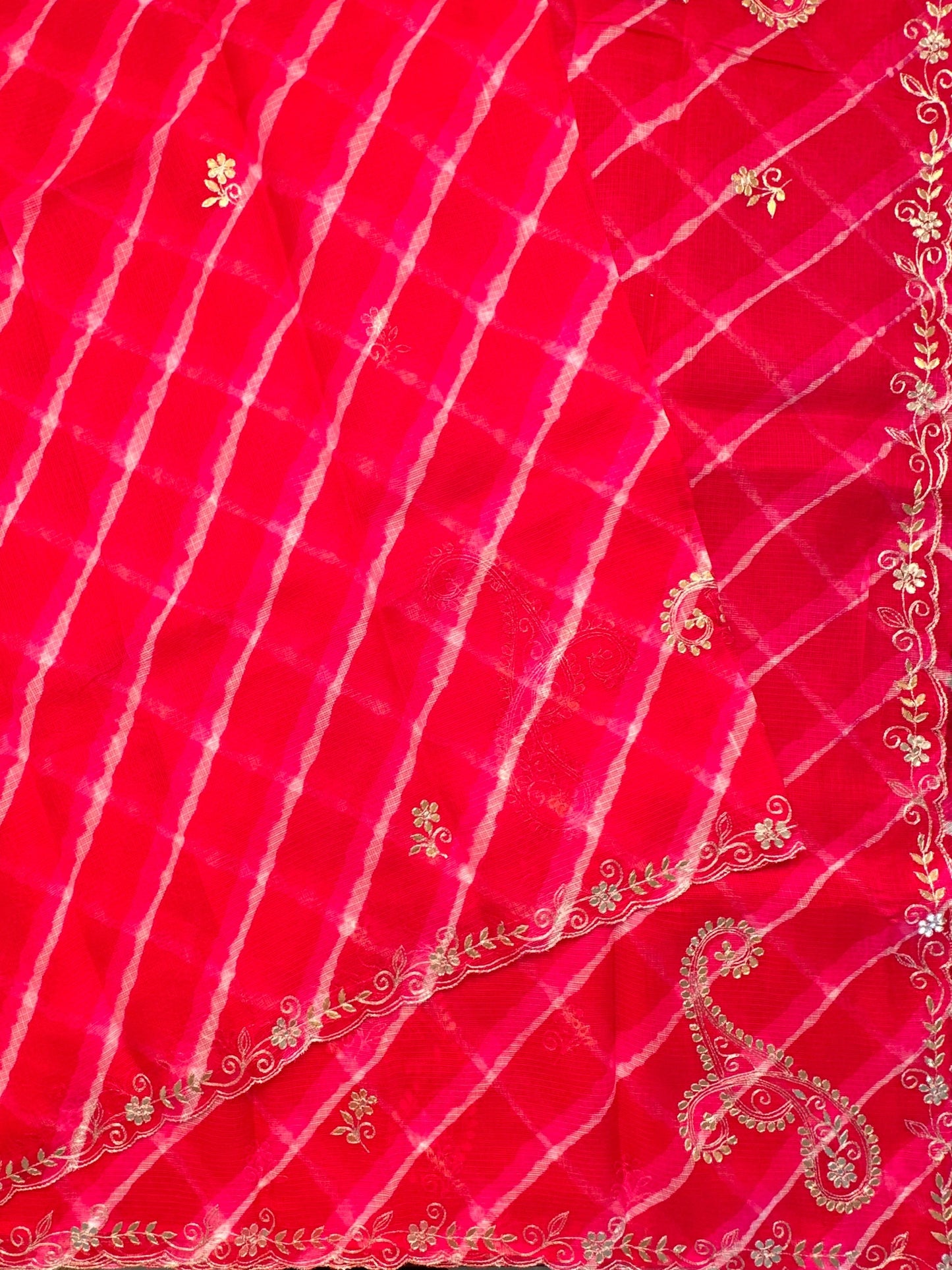 Red-Pink Kyra Leheriya Kota Doria Pure Silk Saree With Gota Patti Work