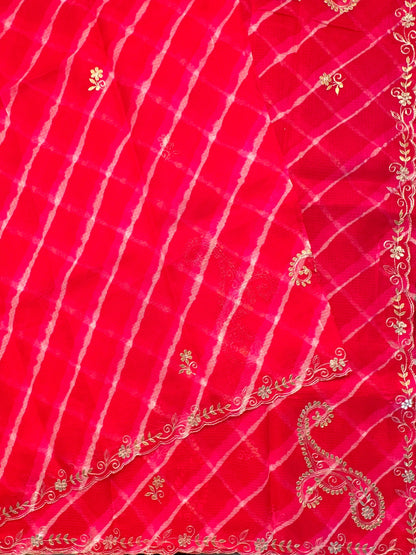 Red-Pink Kyra Leheriya Kota Doria Pure Silk Saree With Gota Patti Work