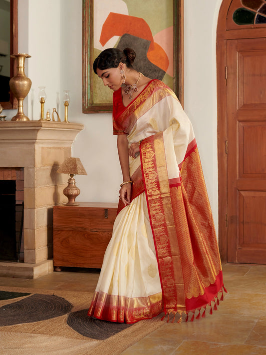 Off White-Red Kanjivaram Pure Silk Saree