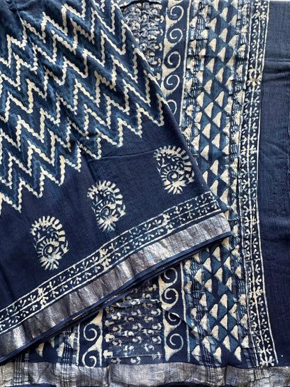 Indigo Hand Block Print Linen Saree