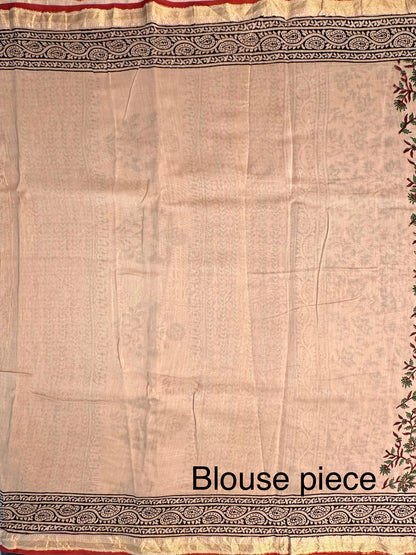 Beige-Maroon Chanderi Saree with Hand Block Print