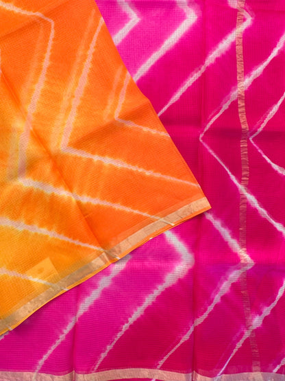 Yellow-Pink Leheriya Kota Doria Pure Silk Saree