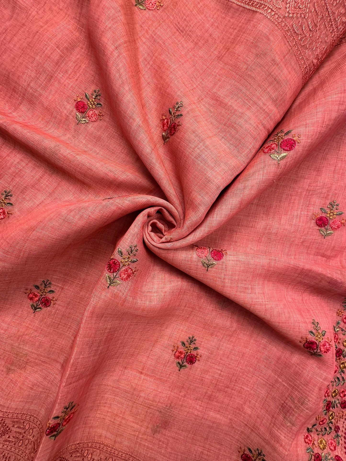 Peach Blended Cotton Saree with embroidery