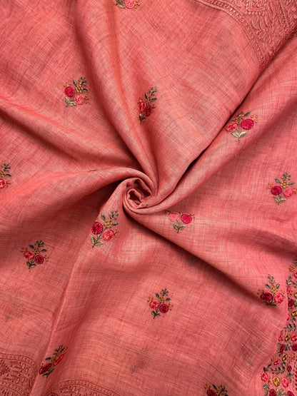 Peach Blended Cotton Saree with embroidery