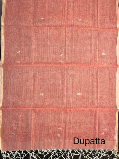 Coral Pink 4-Piece Kota Doria Cotton Unstitched Suit