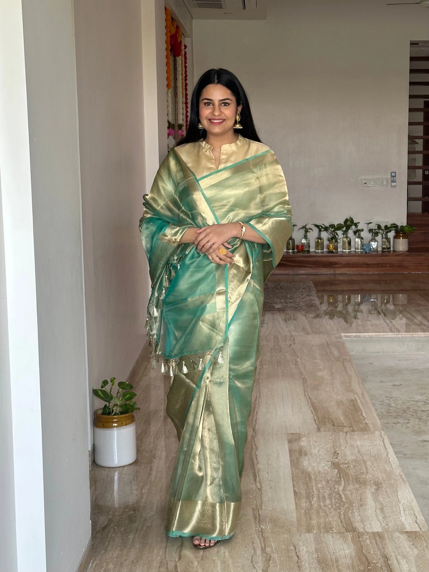Sea Green Banarasi Pure Tissue Saree