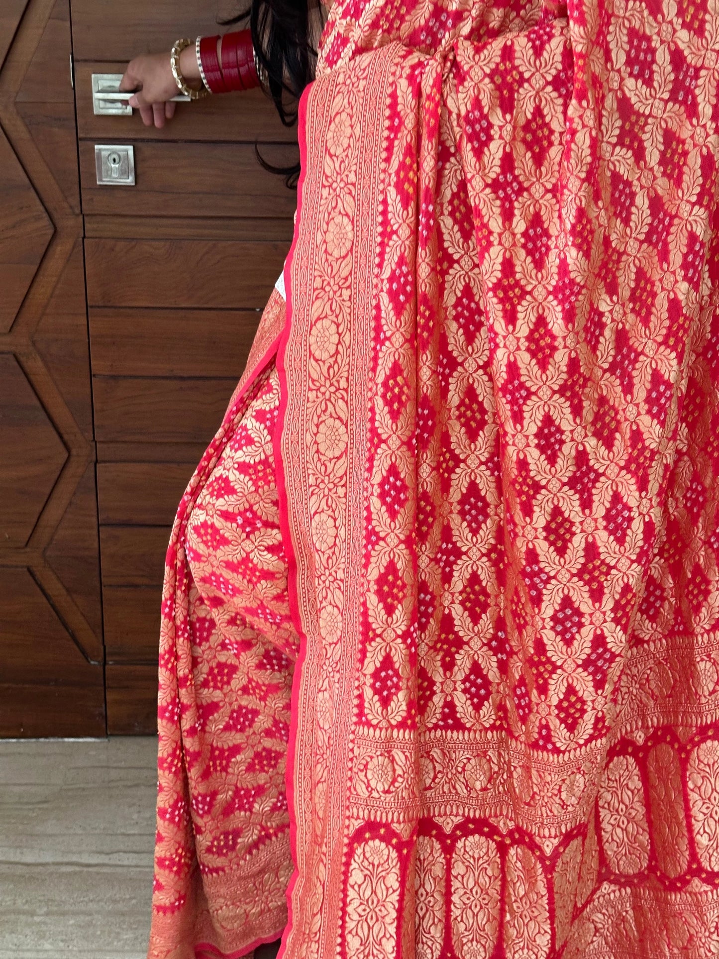 Coral Pink Gharchola Bandhej Pure Georgette Saree