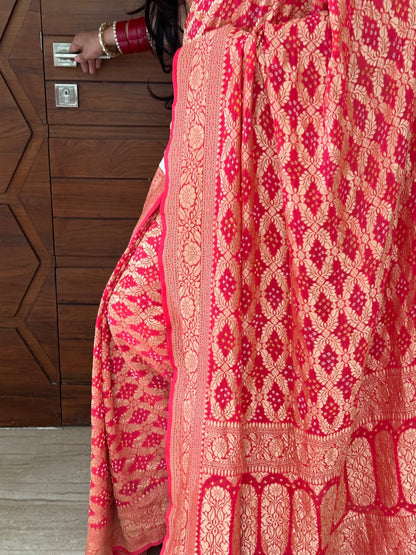 Coral Pink Gharchola Bandhej Pure Georgette Saree