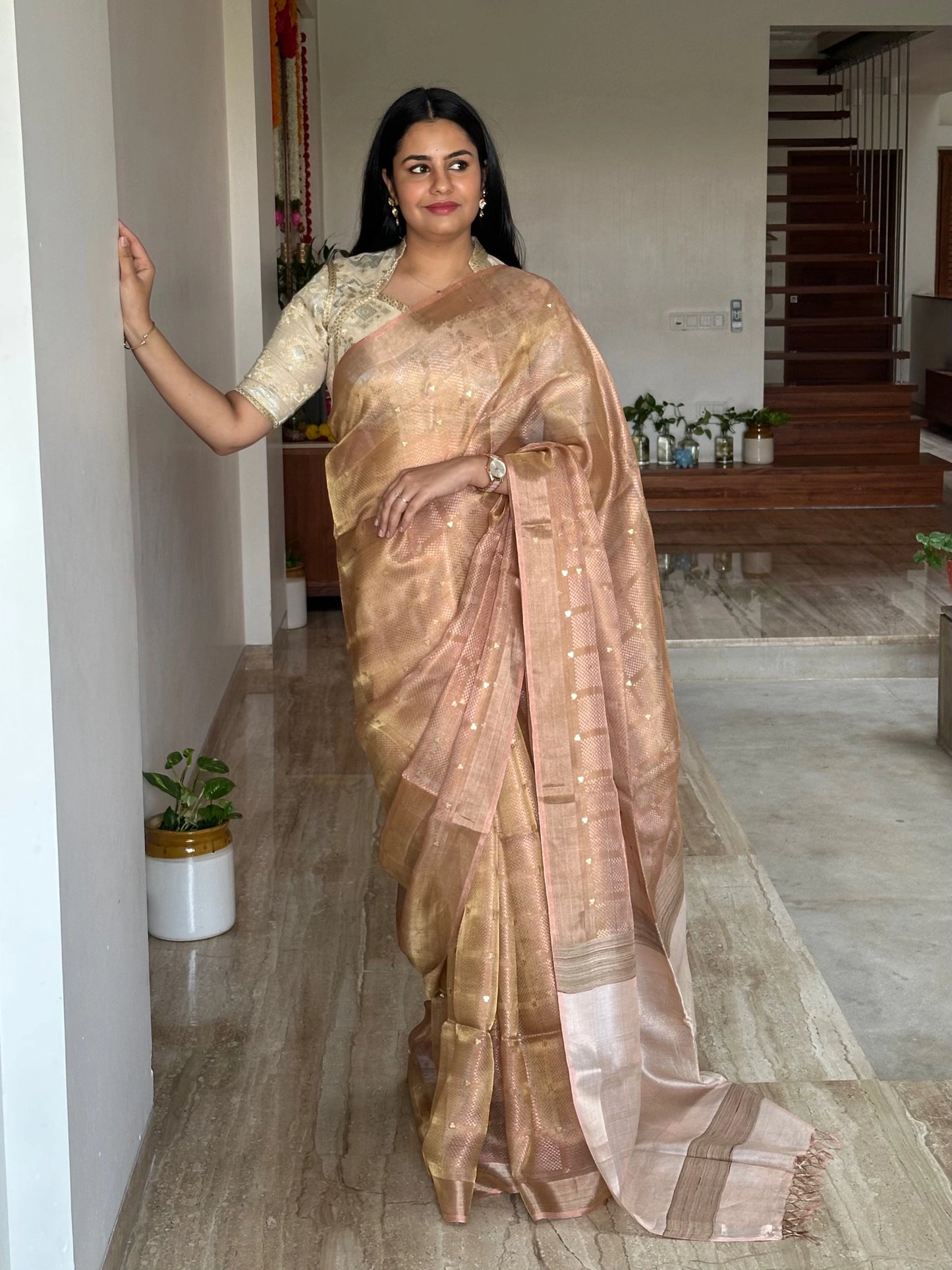Baby Pink Emboss Pure Tissue Silk Saree