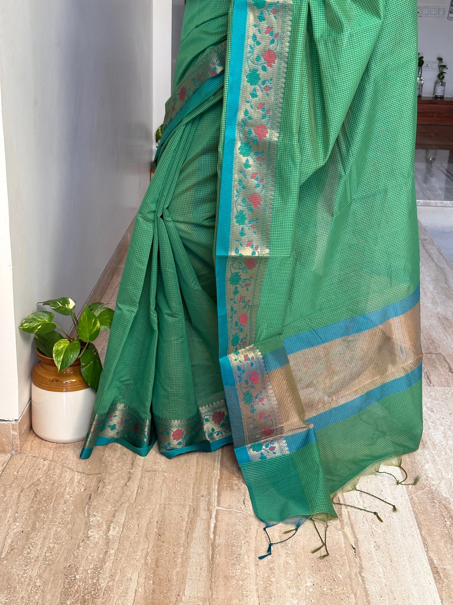 Green Checkered Fancy Cotton Saree