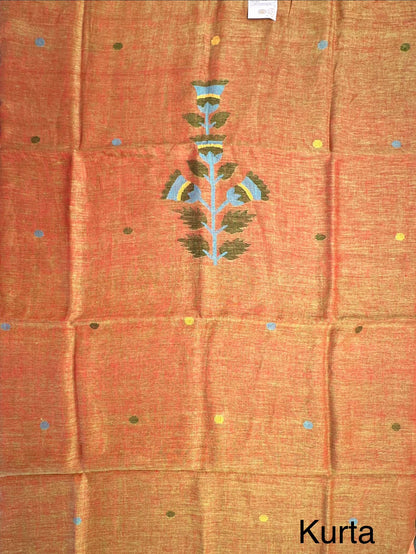 Mehendi Green Linen Dhakai 2 Piece Kurta Dupatta Unstitched Set