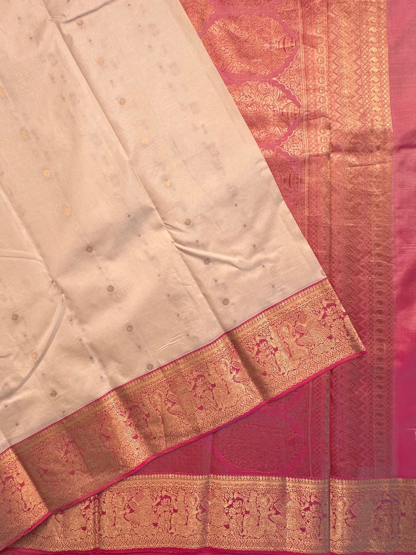 Cream-Dusky Pink Pondicherry Pure Silk Saree