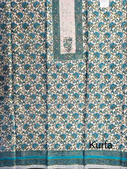 Beige- Blue Chanderi 3-Piece Suit