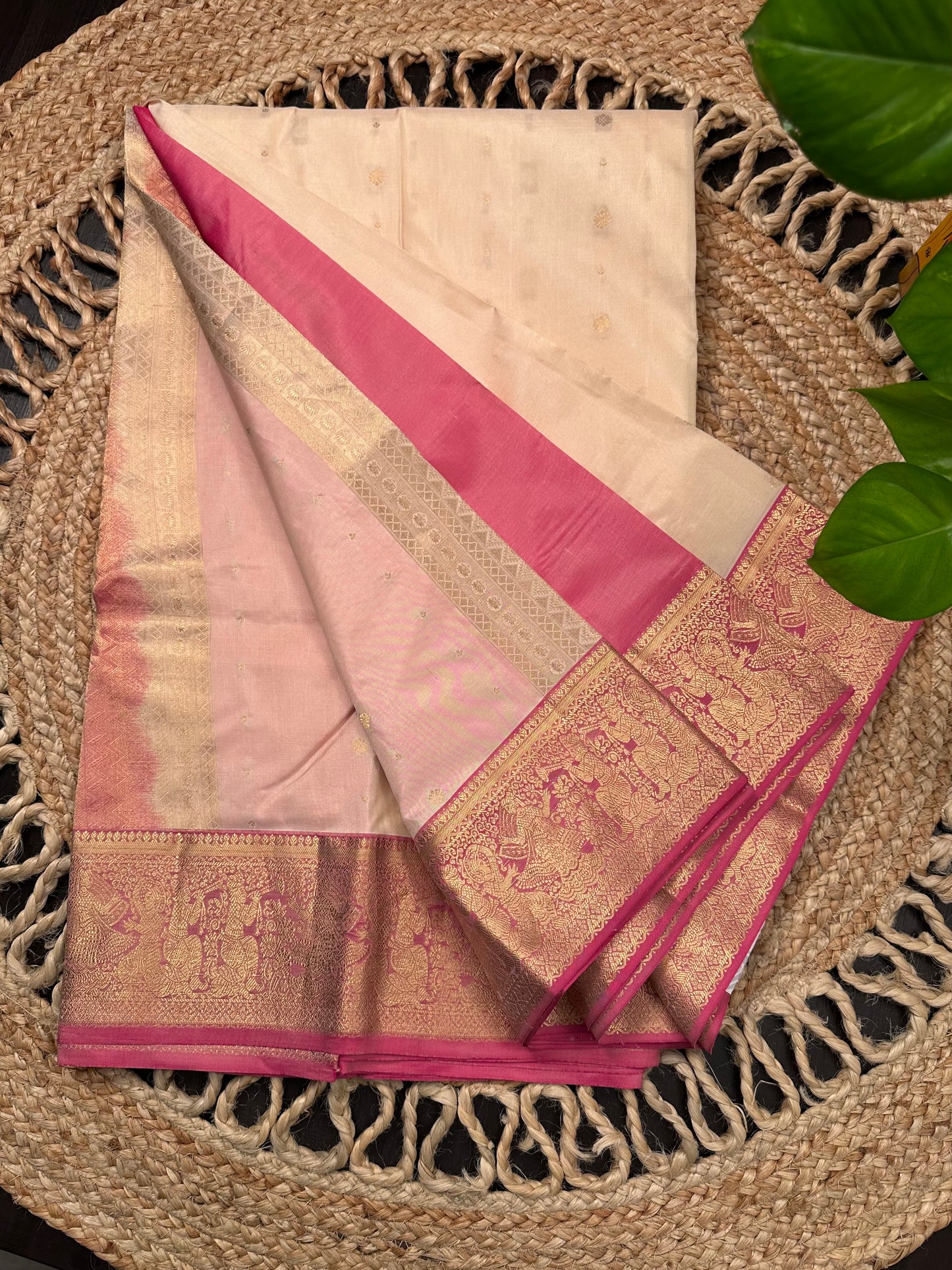 Cream-Dusky Pink Pondicherry Pure Silk Saree