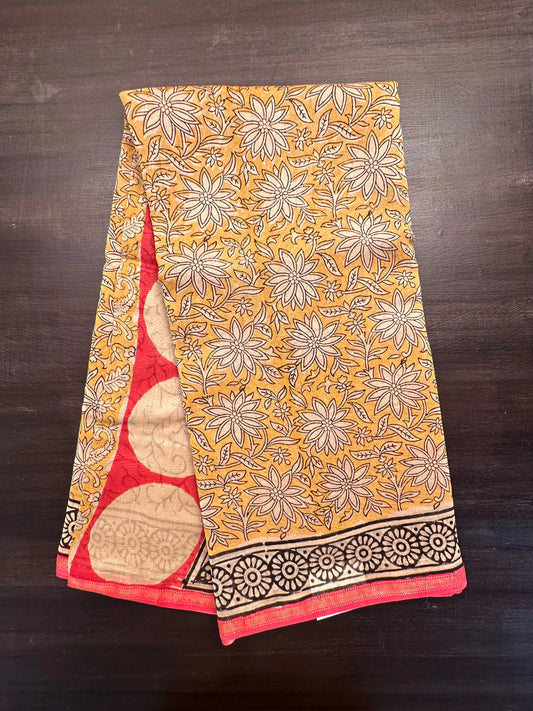 Mustard Chanderi Saree with Hand Block Print