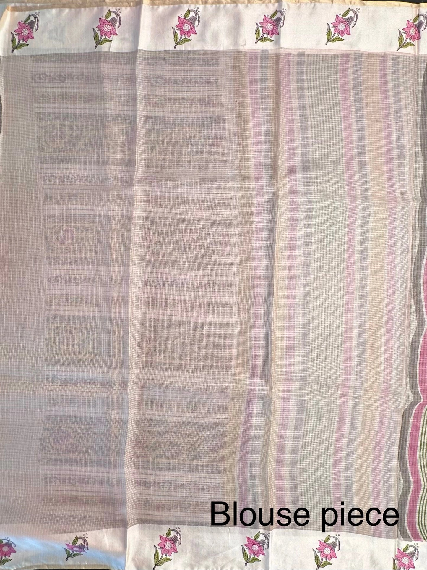 Peach-Multi Colour Hand Block-Print Pure Kota Doria Silk Saree