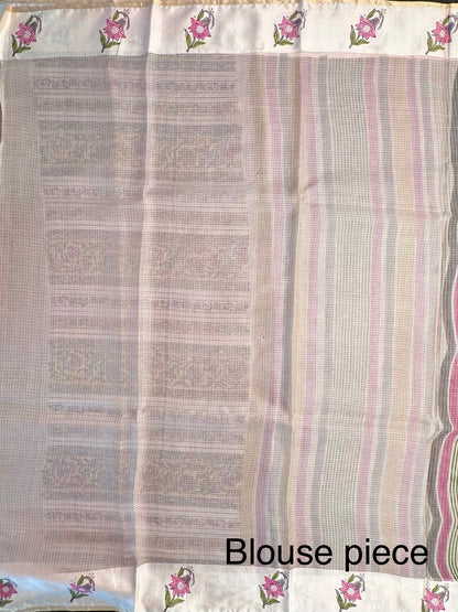 Peach-Multi Colour Hand Block-Print Pure Kota Doria Silk Saree