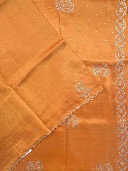 Mustard Aari Work Pure Tussar Silk Saree