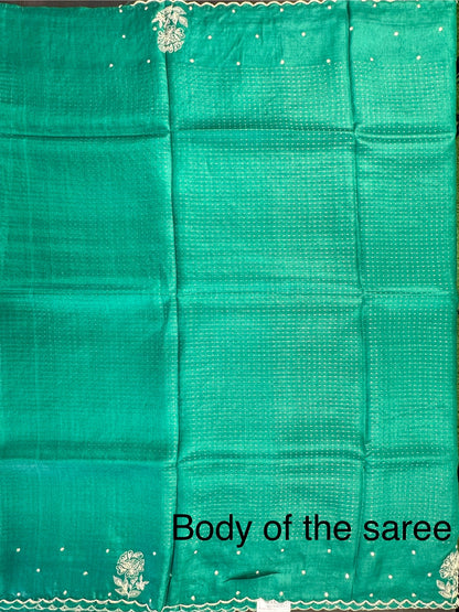 Bottle Green Aari Work Pure Tussar Silk Saree