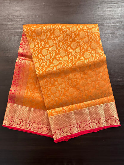 Mustard-Red Handloom Kanjivaram Jamawar Pure Silk Saree