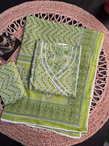 Green Angrakha Printed Cotton 3-Piece Suit