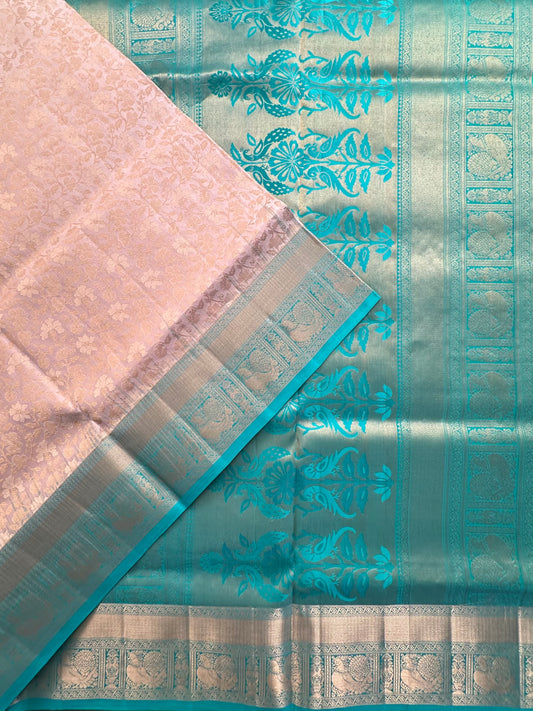 Cream-Sea Green Handloom Kanjivaram Jamawar Pure Silk Saree