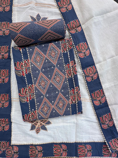 Navy Blue Printed Pure Cotton Suit