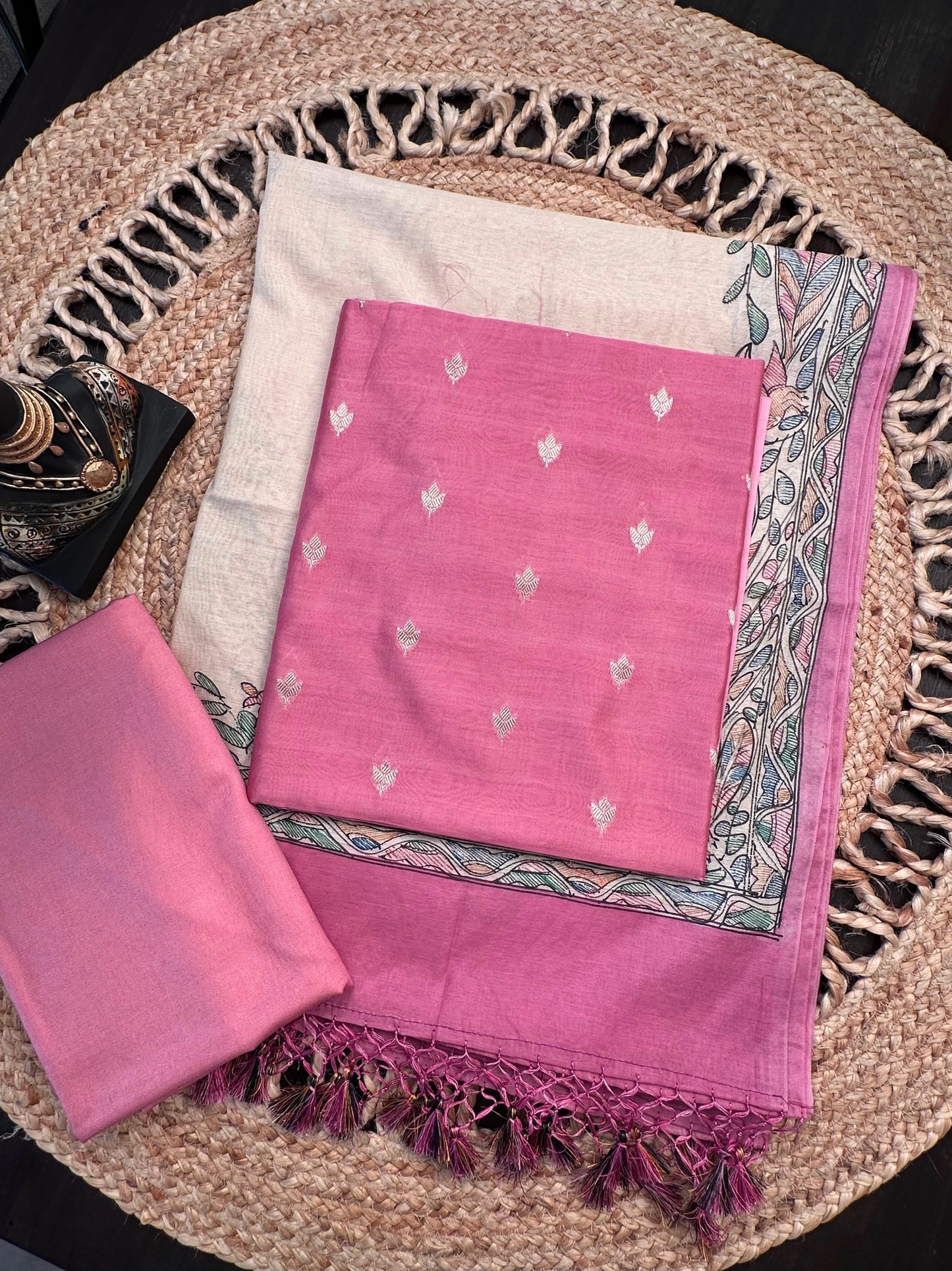 Pink Chanderi 3-Piece Unstitched Suit With Madhubani Dupatta