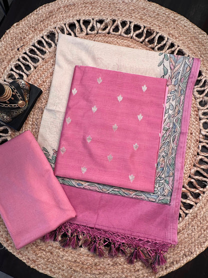 Pink Chanderi 3-Piece Unstitched Suit With Madhubani Dupatta