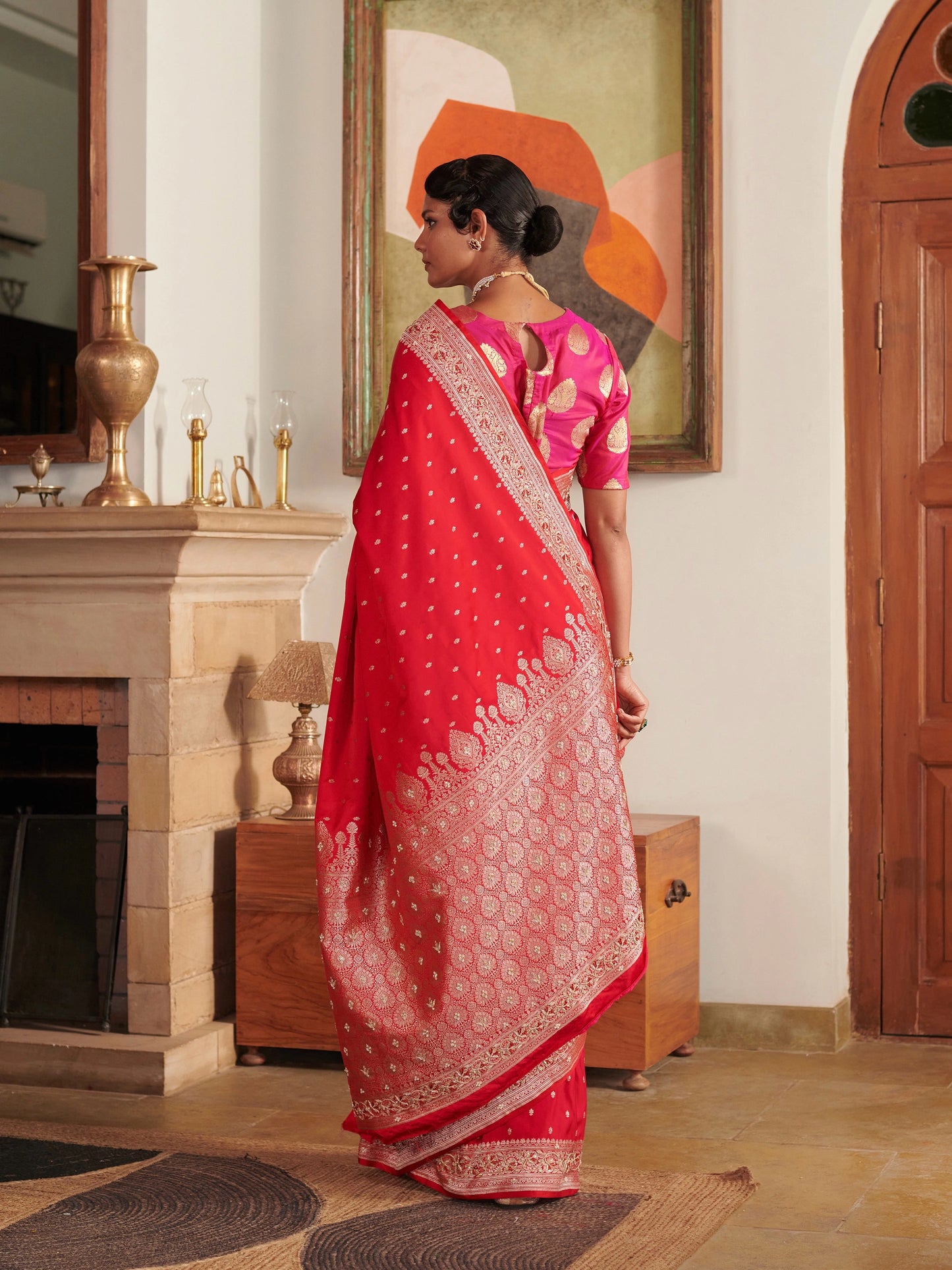 Pinkish Red Blended Silk Saree