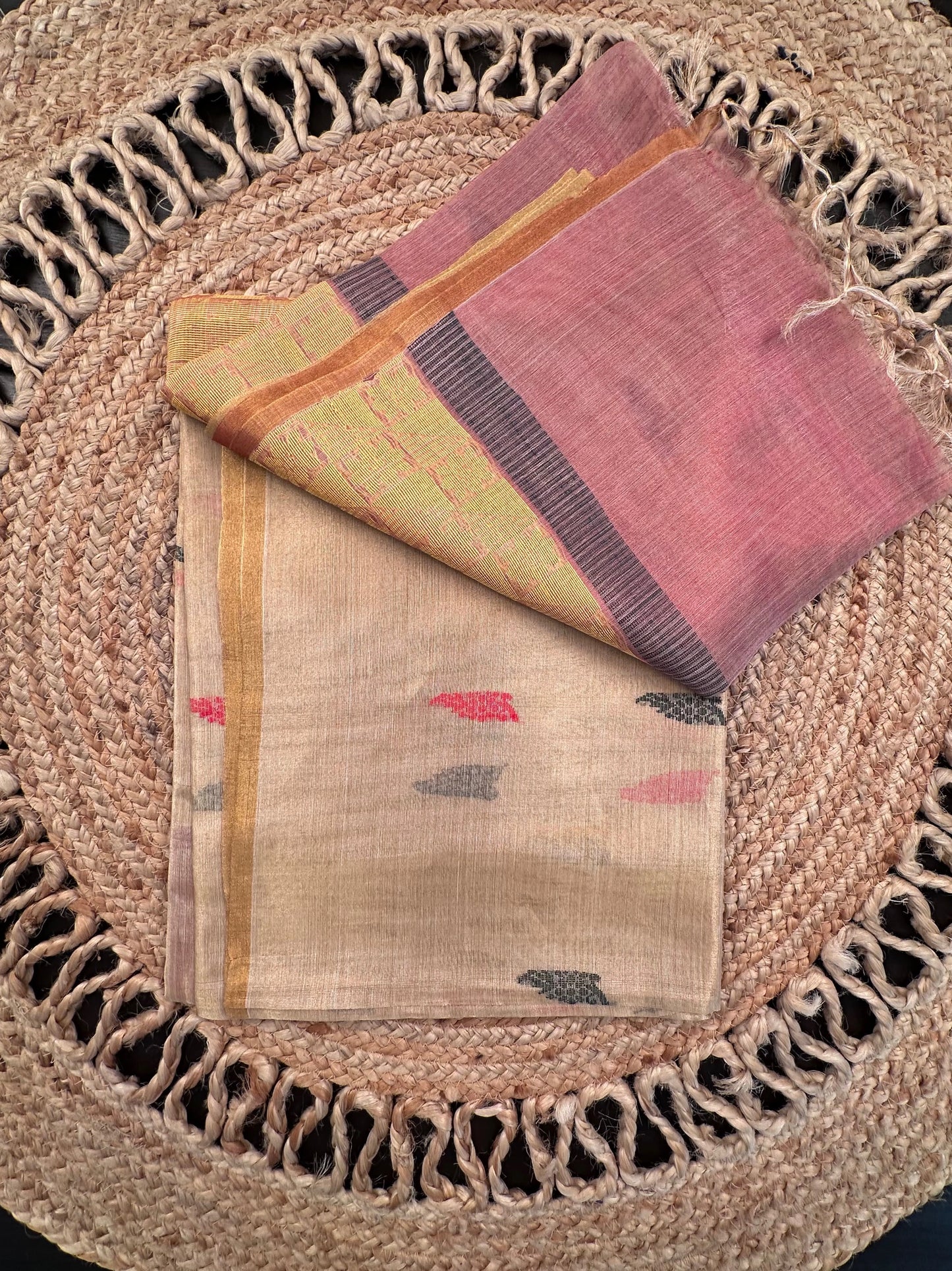 Golden-Pinkish Red Pure Tissue Silk Saree