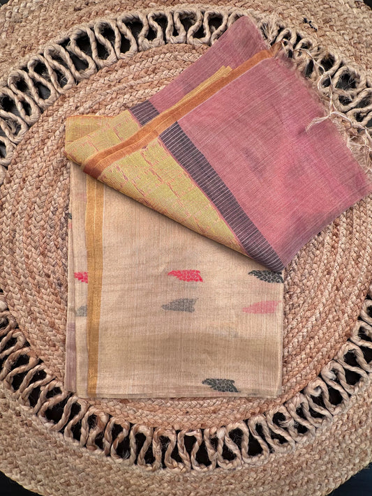 Golden-Pinkish Red Pure Tissue Silk Saree