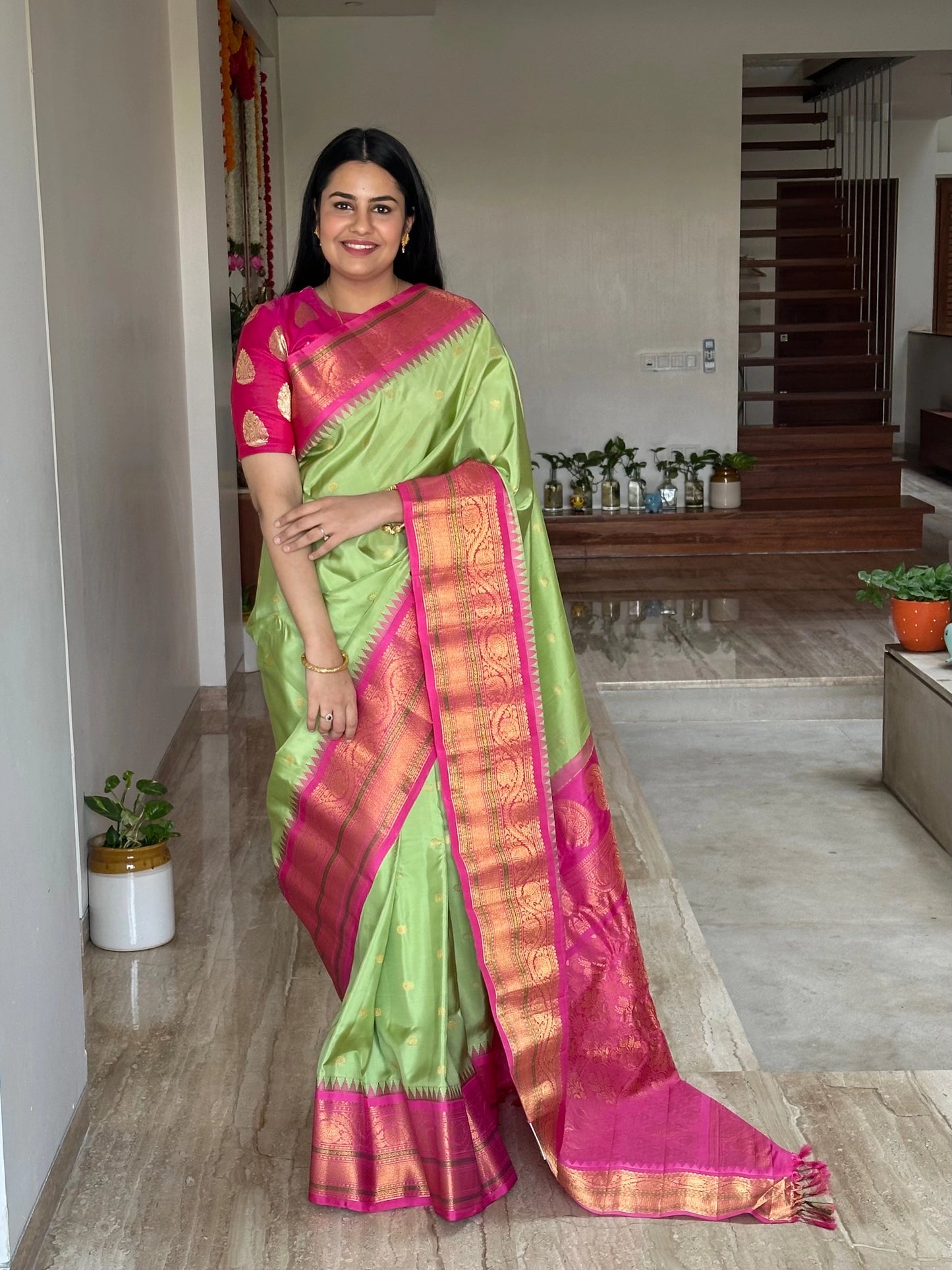 Pista Green-Pink Gadwal Pure Silk Saree
