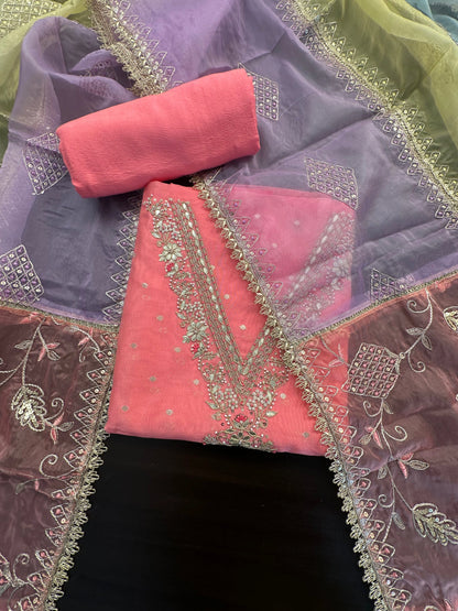 Pink Tissue Neck Work  Chanderi Unstitched 3-Piece Suit