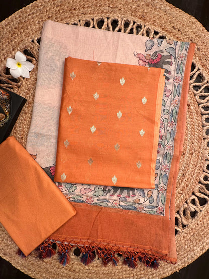 Orange Chanderi 3-Piece Unstitched Suit with Madhubani Dupatta