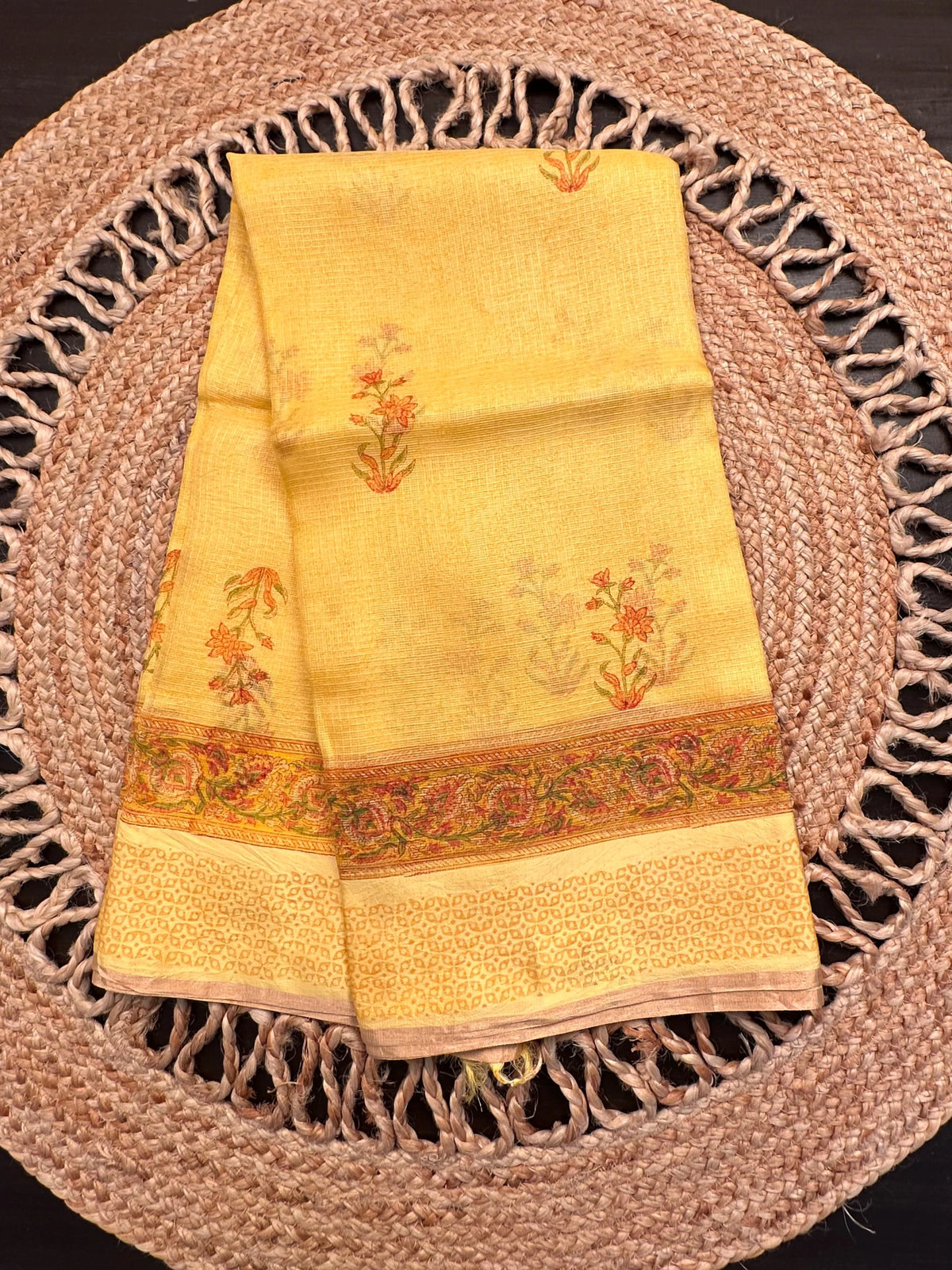 Yellow Hand Block-Print Pure Kota Doria Silk Saree