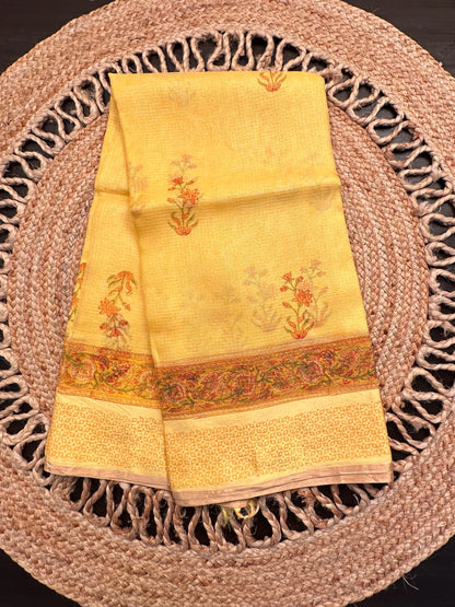 Yellow Hand Block-Print Pure Kota Doria Silk Saree