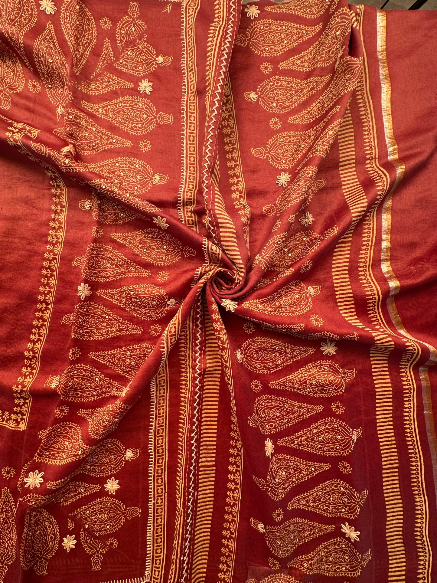 Rust-Maroon Block Print Chanderi Saree With Kaantha Stitches